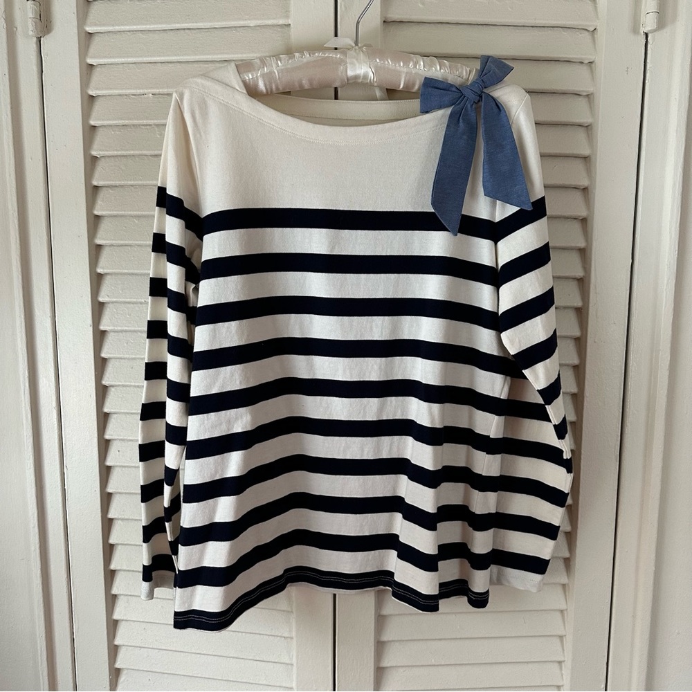 NWOT Talbots Striped Boat Neck Navy Blue & White Long Sleeve with Shoulder Bow